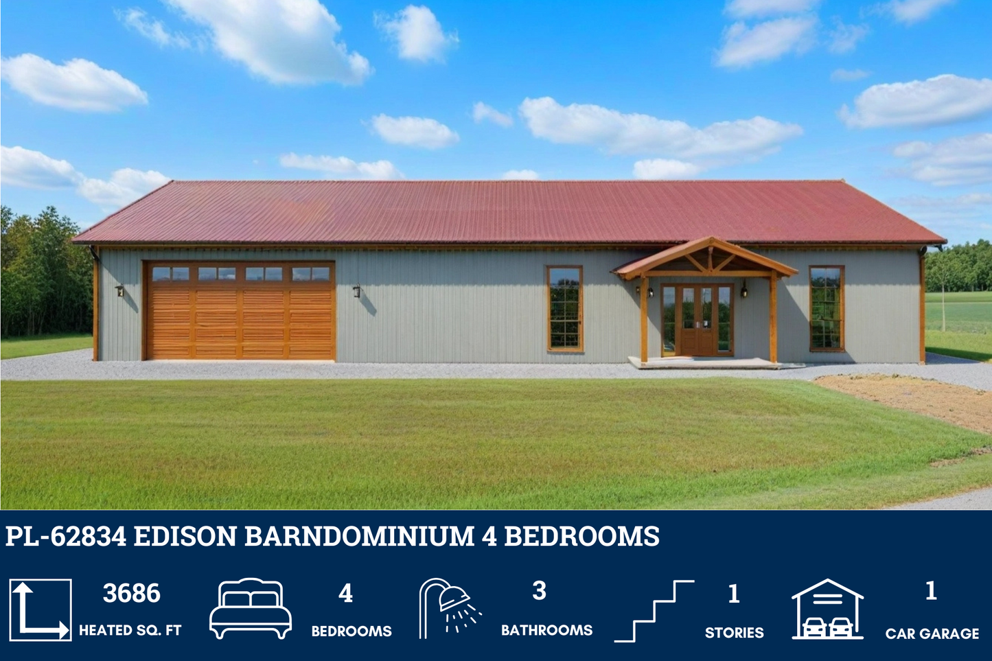PL-62834 Edison Barndominium House Plan