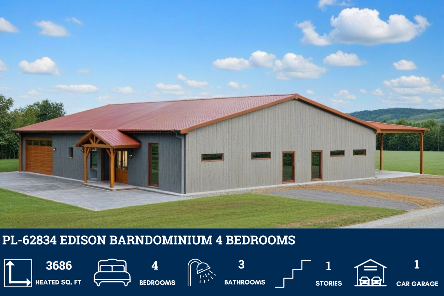 PL-62834 Edison Barndominium House Plan