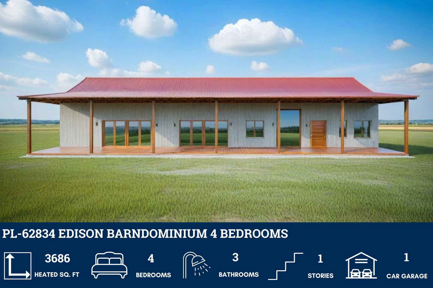 PL-62834 Edison Barndominium House Plan
