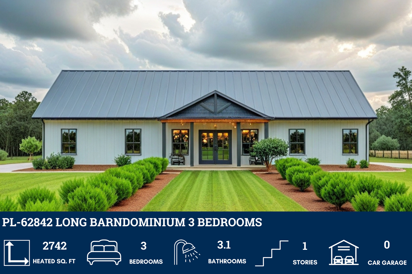 PL-62842 Long Barndominium House Plan