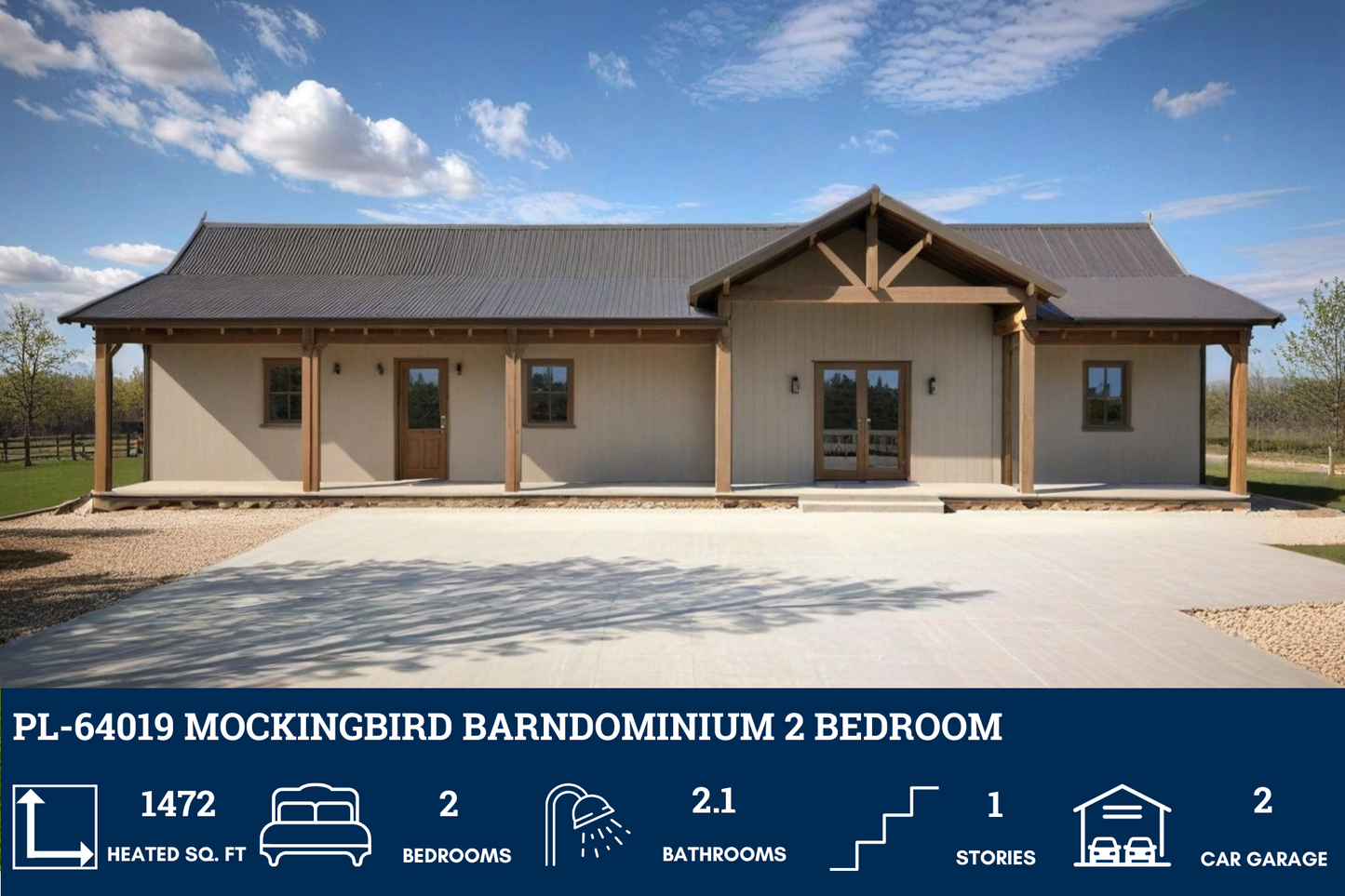 PL-64019 Mockingbird Barndominium House Plan