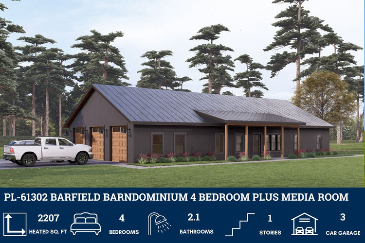 4 Bedroom 2 Bathroom Barndominium House Plans