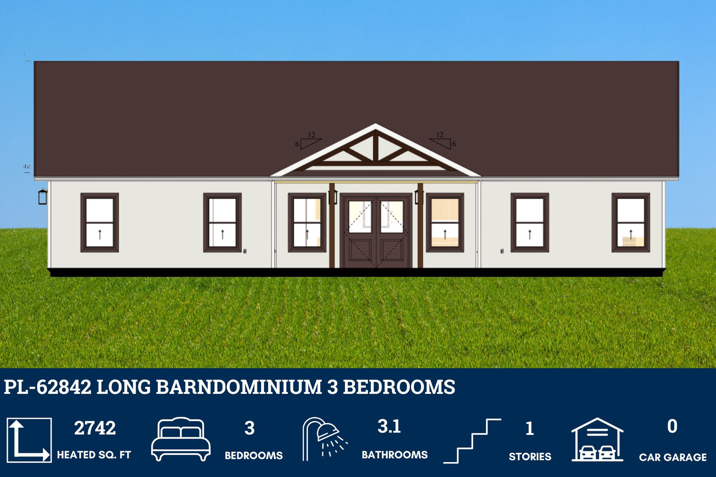 PL-62842 Long Barndominium House Plan